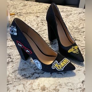 Black denim 4”block heels NEW Size 8.